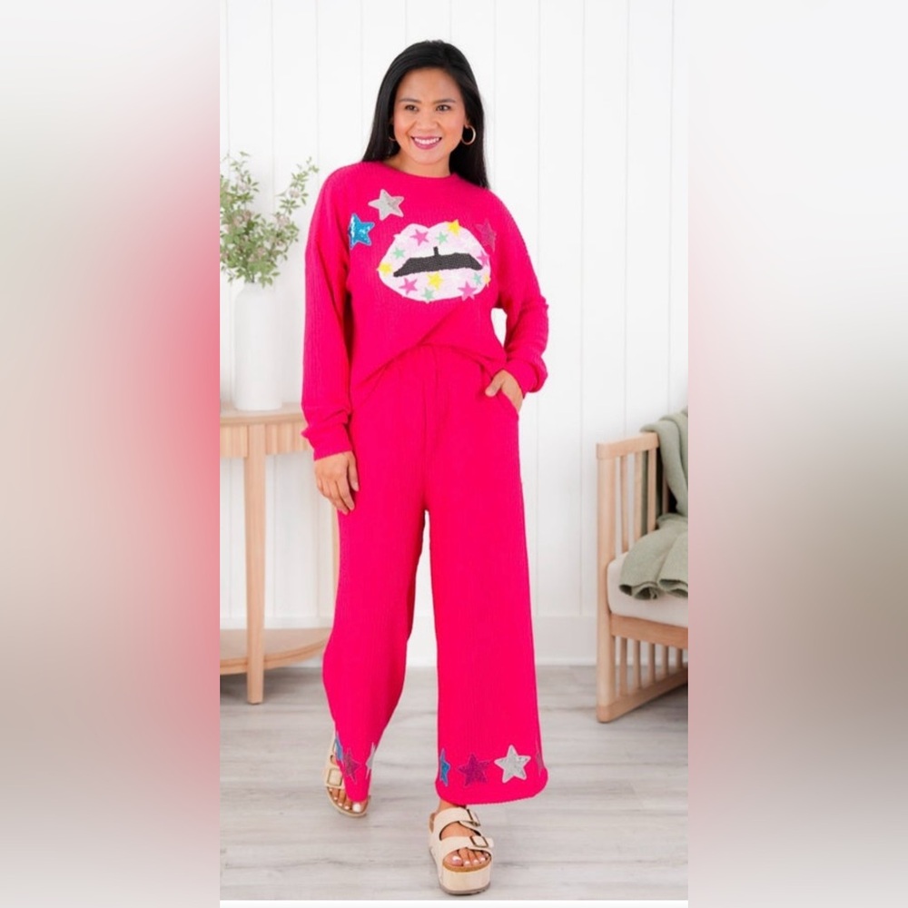 ⭐️ODDY Hot Pink High Waist Wide Leg Cropped Pants With Star Sequins Detail⭐️